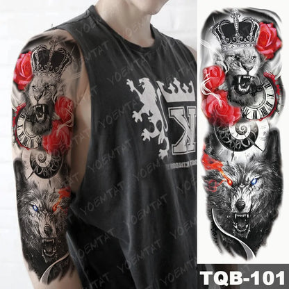 Large Waterproof Temporary Tattoo Sticker: Lion Crown King Rose Tiger Wolf Skull Totem