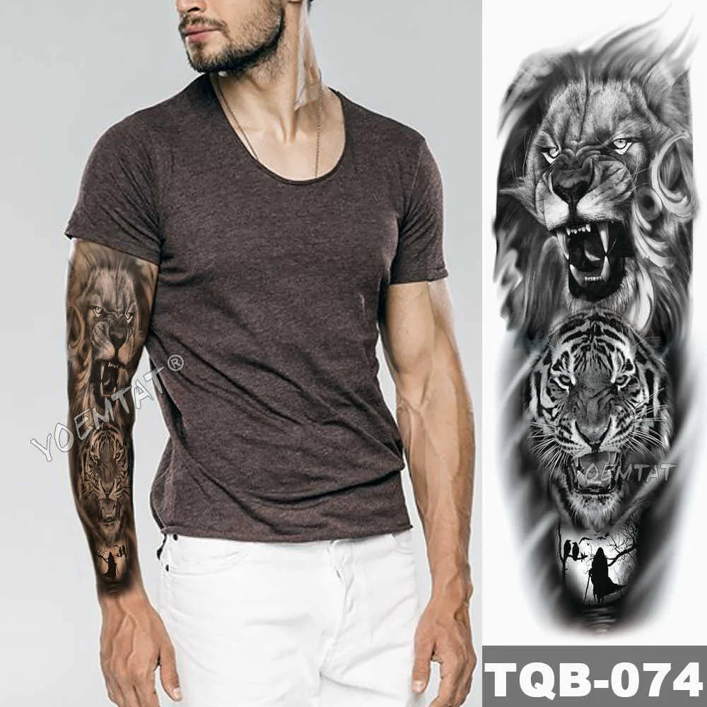 Large Waterproof Temporary Tattoo Sticker: Lion Crown King Rose Tiger Wolf Skull Totem