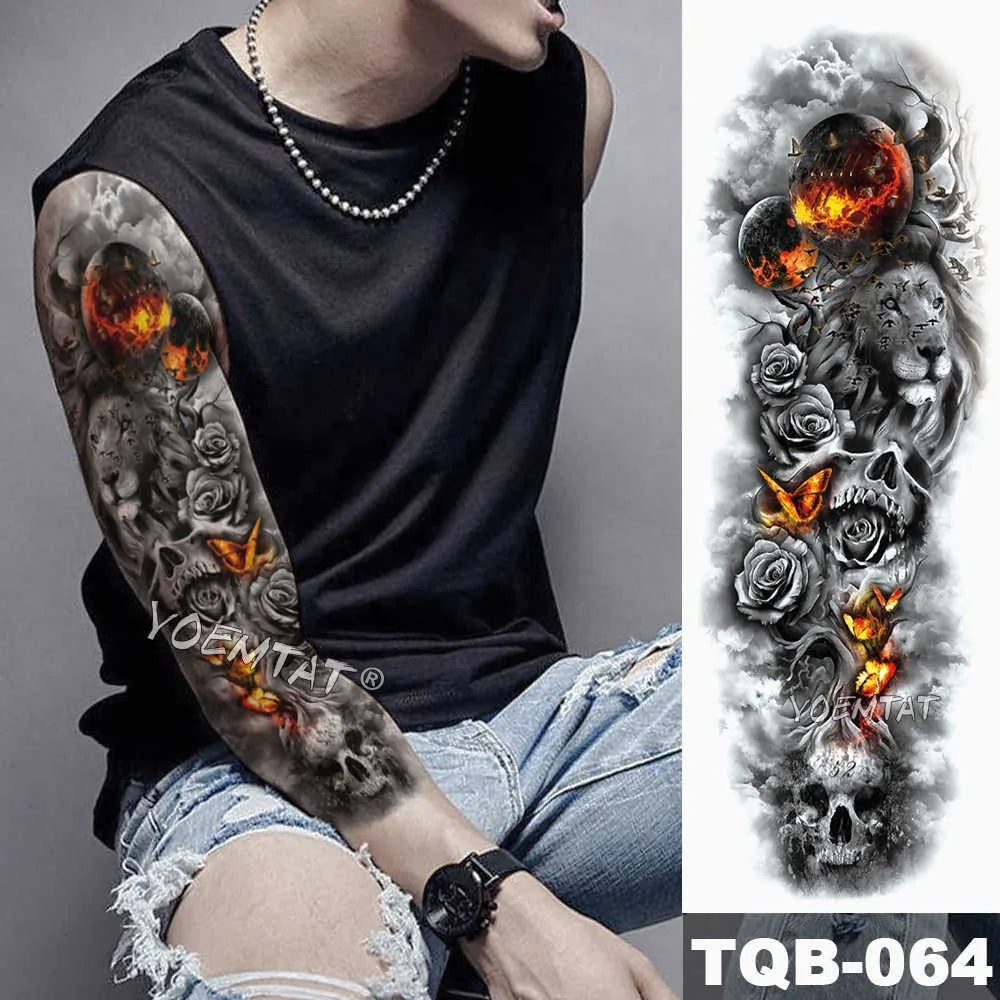 Large Waterproof Temporary Tattoo Sticker: Lion Crown King Rose Tiger Wolf Skull Totem