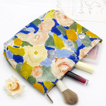 PAZIMIIK Floral Makeup Bag Large Cotton Zipper Pouch for Purse Travel Canvas Make Up Organizer for Women Cosmetic,Garden Blue Garden Blue