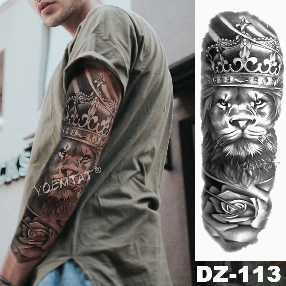 Large Waterproof Temporary Tattoo Sticker: Lion Crown King Rose Tiger Wolf Skull Totem