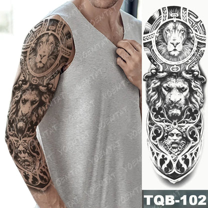 Large Waterproof Temporary Tattoo Sticker: Lion Crown King Rose Tiger Wolf Skull Totem