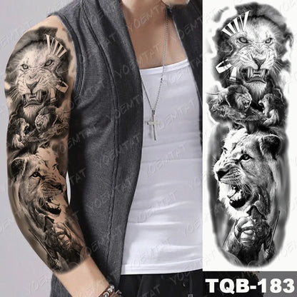 Large Waterproof Temporary Tattoo Sticker: Lion Crown King Rose Tiger Wolf Skull Totem