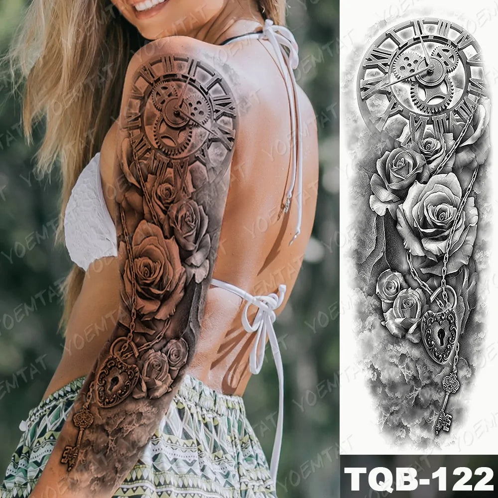 Large Waterproof Temporary Tattoo Sticker: Lion Crown King Rose Tiger Wolf Skull Totem