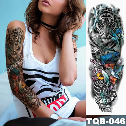 Large Waterproof Temporary Tattoo Sticker: Lion Crown King Rose Tiger Wolf Skull Totem