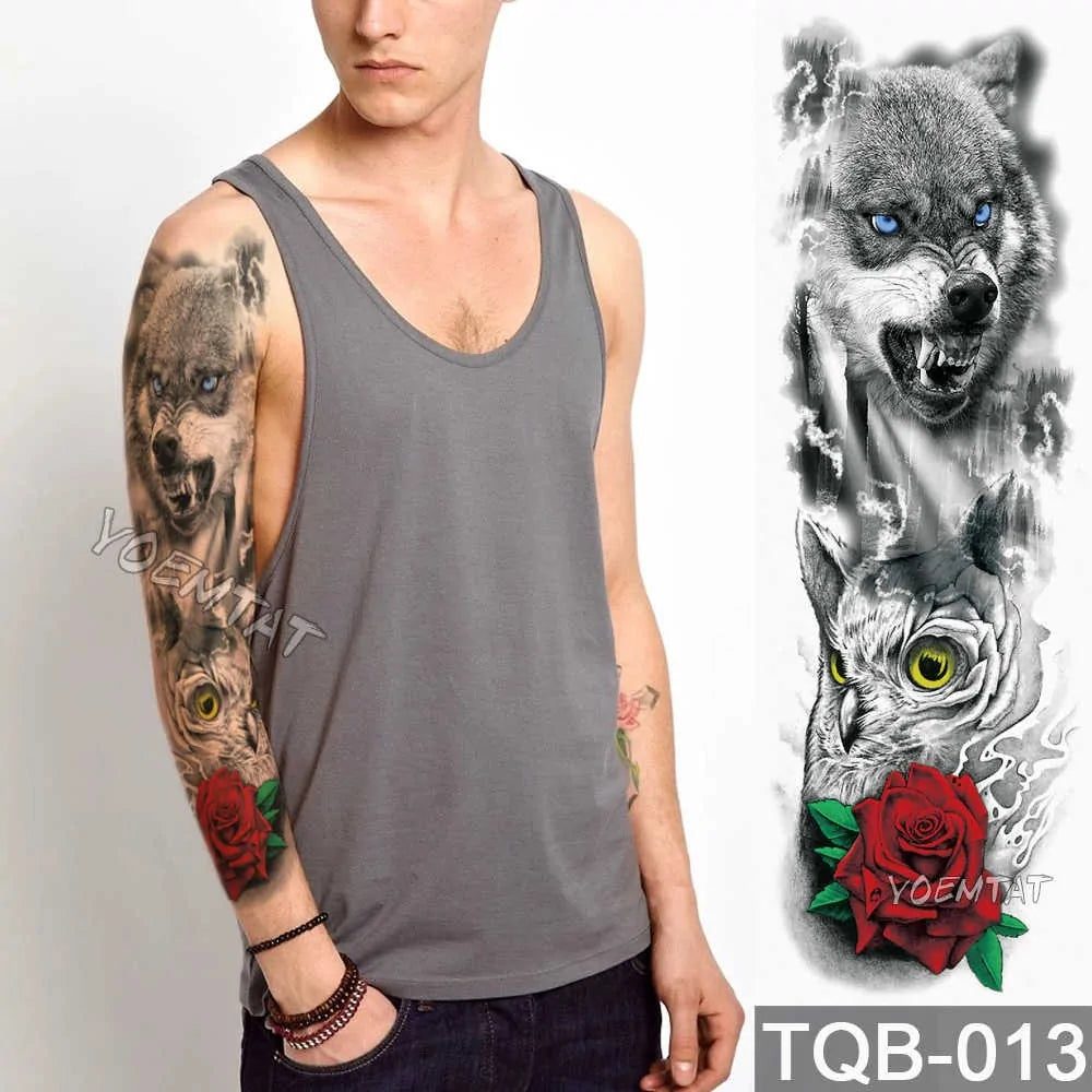 Large Waterproof Temporary Tattoo Sticker: Lion Crown King Rose Tiger Wolf Skull Totem